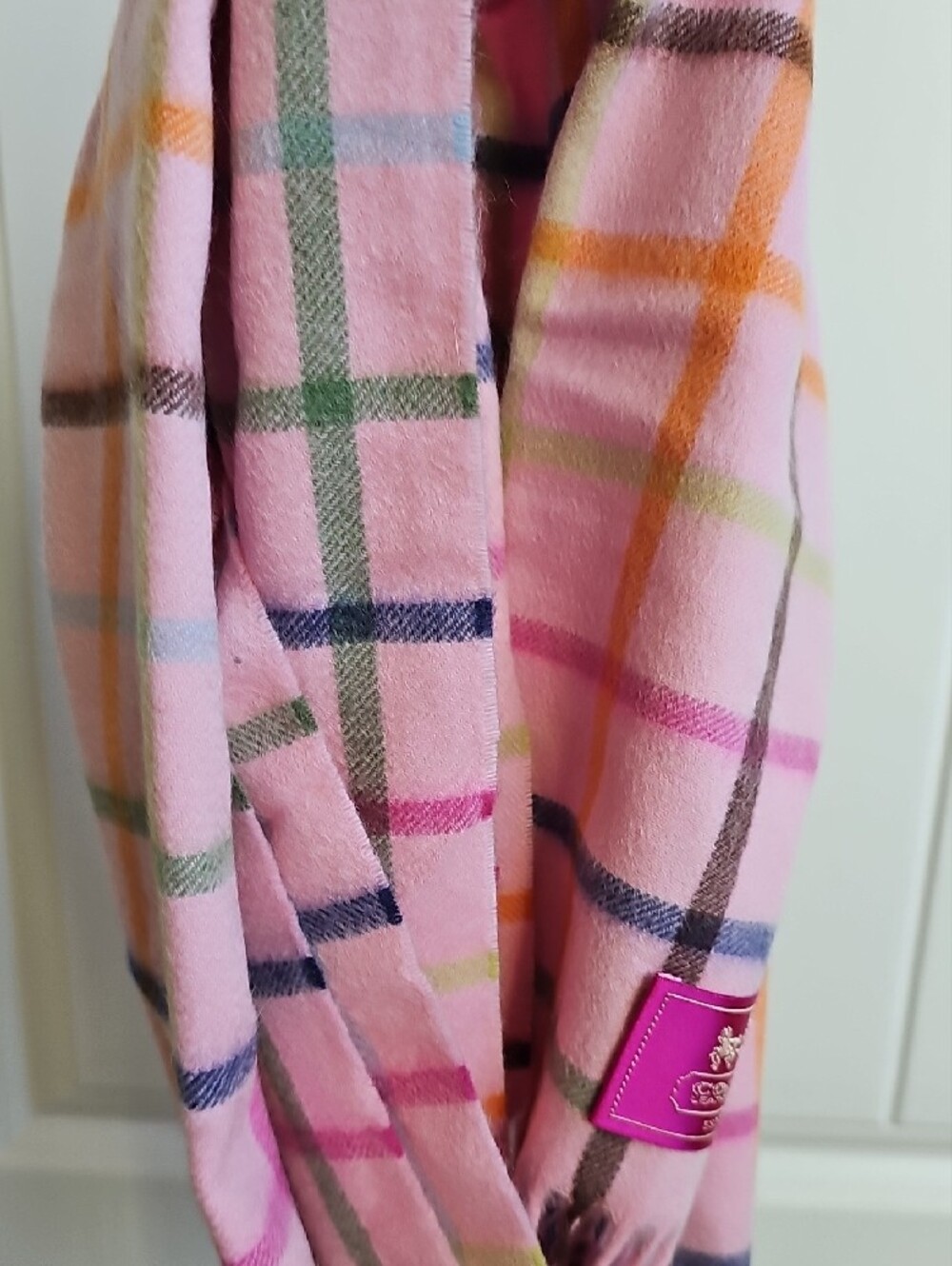 COACH Pink Tattersall Plaid 100% Cashmere Fringed Scarf | NWOT - Picture 7 of 7